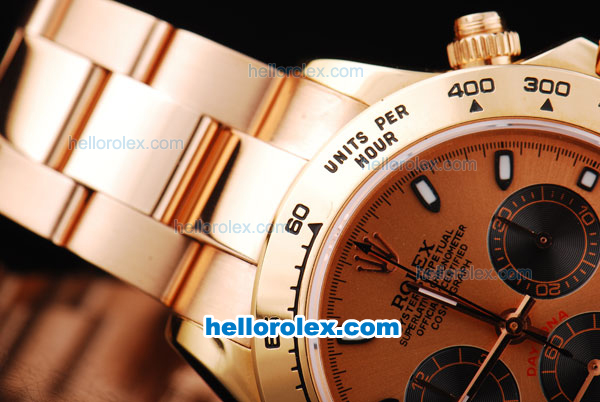 Rolex Daytona Oyster Perpetual Swiss Valjoux 7750 Automatic Movement Full Rose Gold with Rose Gold Dial-White Stick Markers and Black Subdials - Click Image to Close
